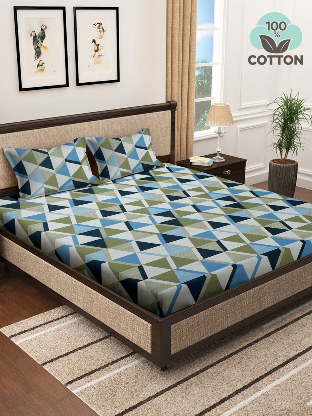 KLOTTHE Green & Blue Geometric Pure Cotton 400 TC Super King Bedsheet With 2 Pillow Covers
KLOTTHE Green & Blue Geometric Pure Cotton 400 TC Super King Bedsheet With 2 Pillow Covers