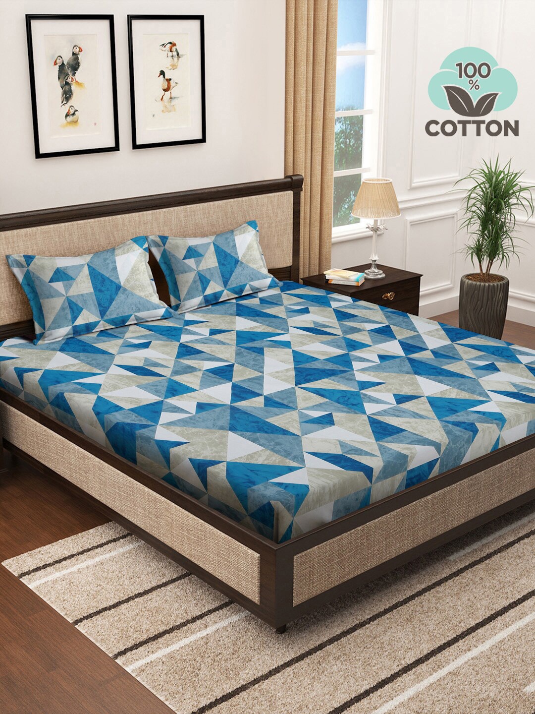 KLOTTHE Blue Geometric Pure Cotton 400TC Fitted Super King Bedsheet & 2 Pillow Covers
KLOTTHE Blue Geometric Pure Cotton 400TC Fitted Super King Bedsheet & 2 Pillow Covers