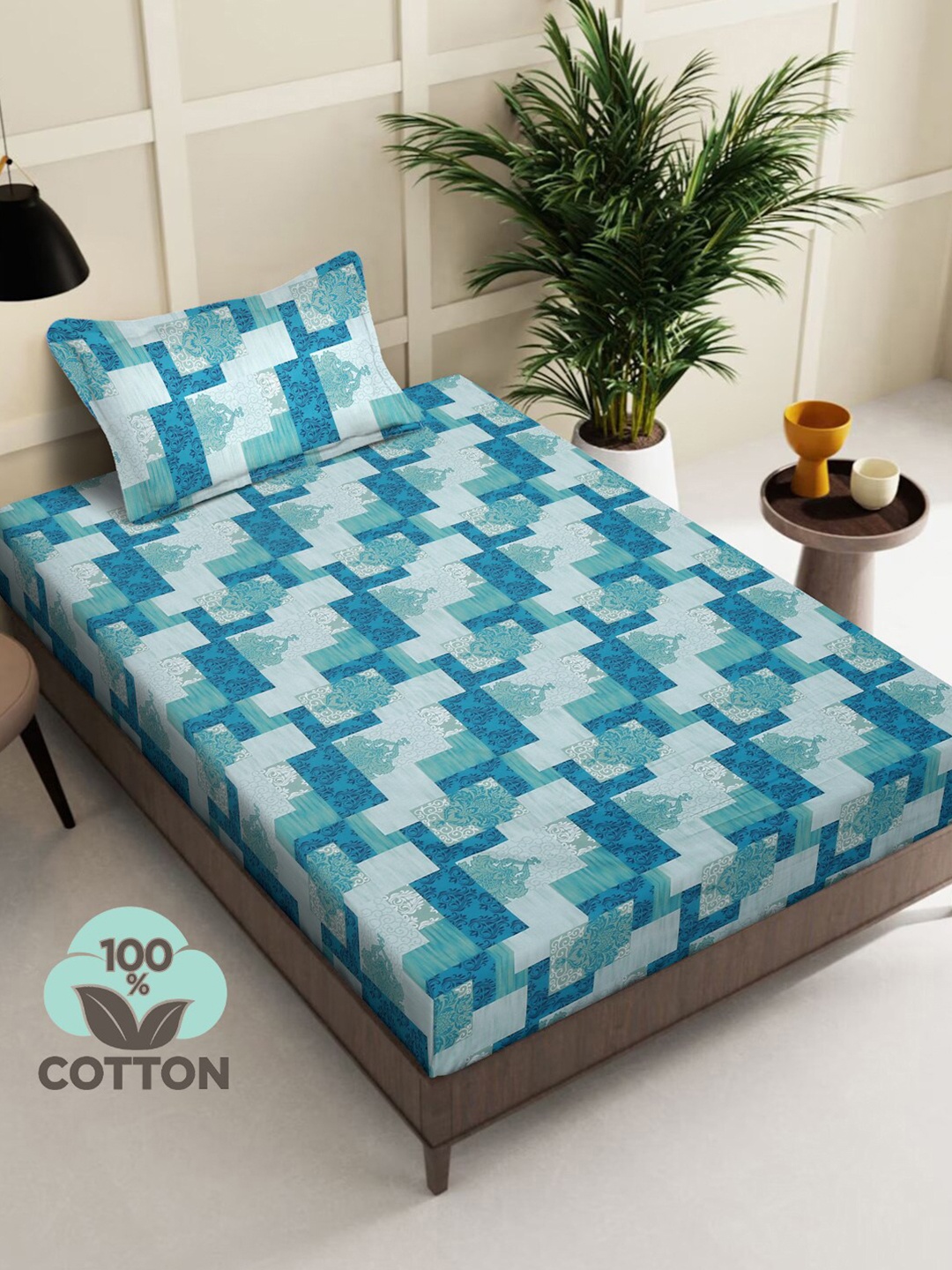KLOTTHE Blue & Green Geometric Pure Cotton Single Bedsheet With Pillow Cover