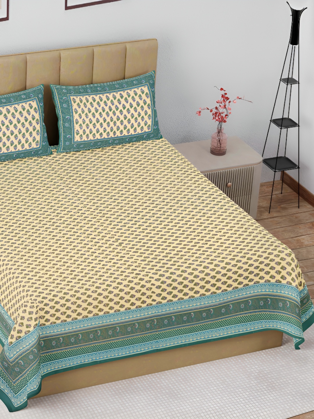 The Craft Monk Beige & Green Floral Cotton 180 TC King Bedsheet with 2 Pillow Covers
The Craft Monk Beige & Green Floral Cotton 180 TC King Bedsheet with 2 Pillow Covers