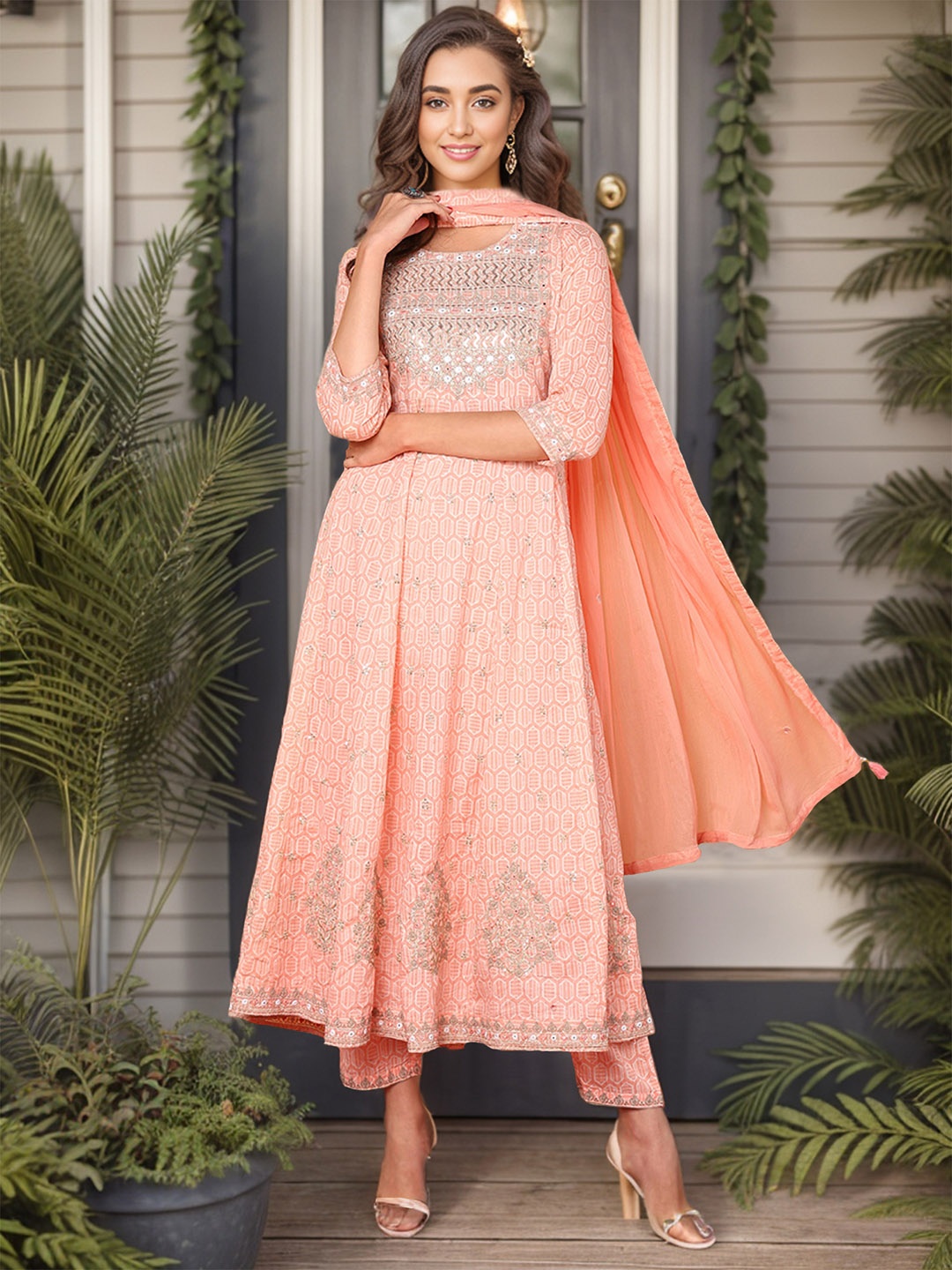 AHIKA Geometric Printed Pure Cotton Sequinned Anarkali Kurta With Trousers & Dupatta, Peach
AHIKA Geometric Printed Pure Cotton Sequinned Anarkali Kurta With Trousers & Dupatta, Peach