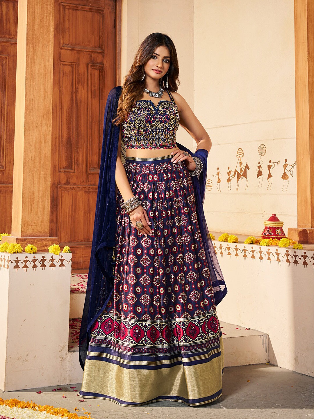 ODETTE Ethnic Motifs Embroidered Semi-Stitched Lehenga & Unstitched Blouse With Dupatta, Navy blue
ODETTE Ethnic Motifs Embroidered Semi-Stitched Lehenga & Unstitched Blouse With Dupatta, Navy blue