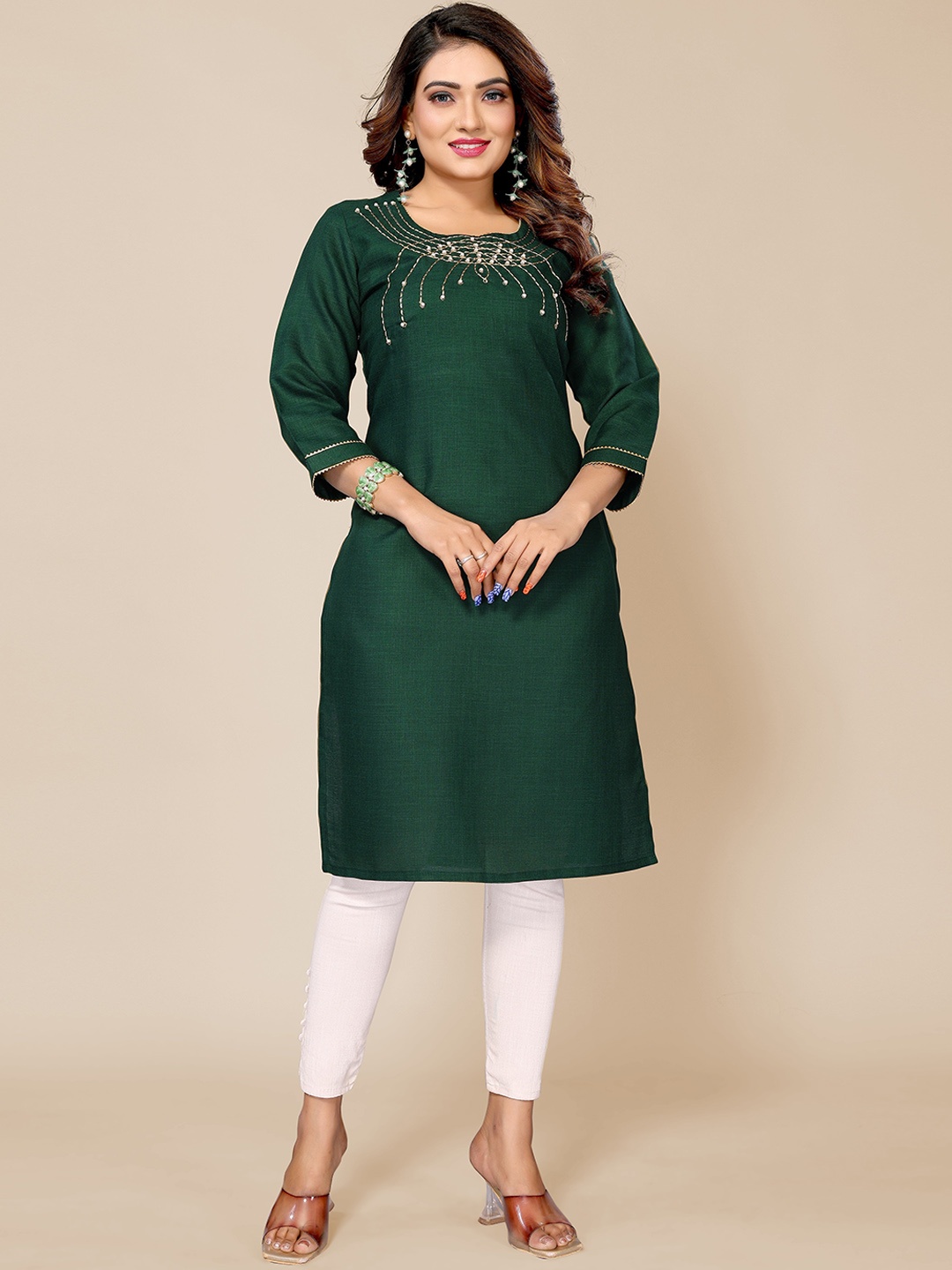 Krimmple Geometric Embroidered Beaded Kurta, Olive