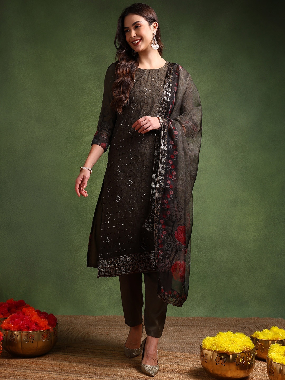 AHIKA Floral Embroidered Sequinned Straight Kurta With Trousers & Dupatta, Brown
AHIKA Floral Embroidered Sequinned Straight Kurta With Trousers & Dupatta, Brown
