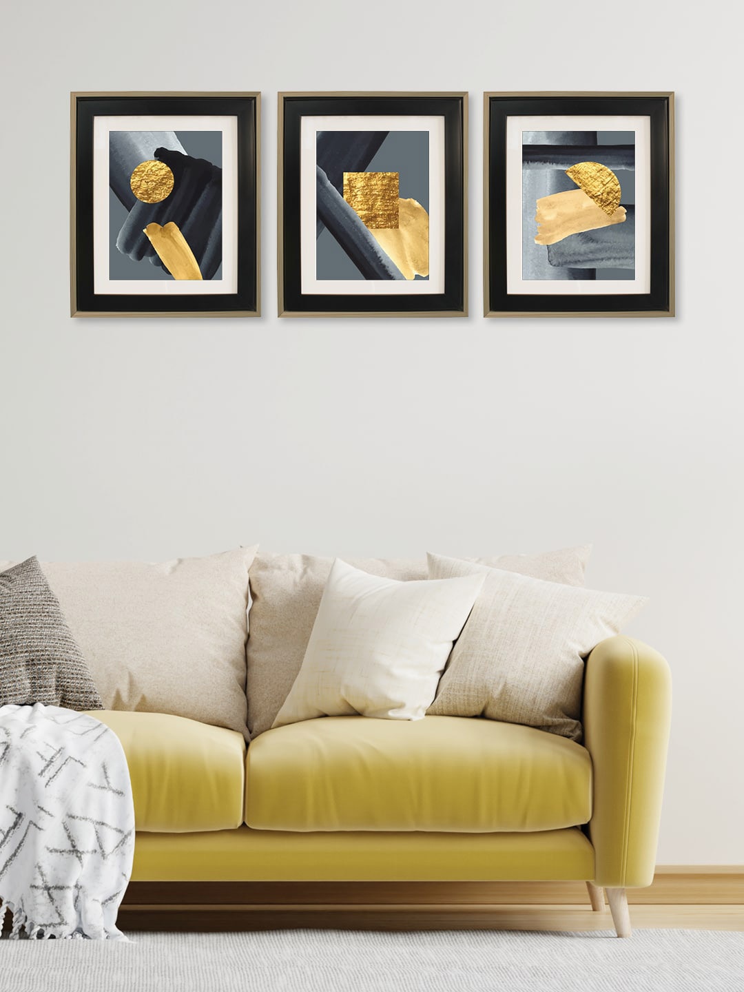 RANDOM Gold Toned & Grey 3 Pieces Abstract Printed Wooden Wall Art