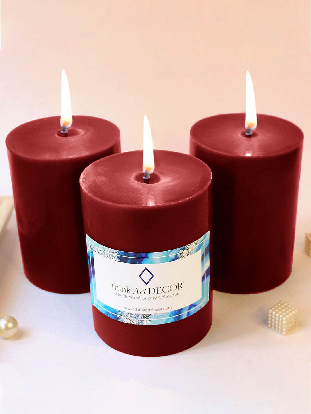 ThinkArtDecor Maroon 3 Pieces Smokeless Wax Pillar Candles