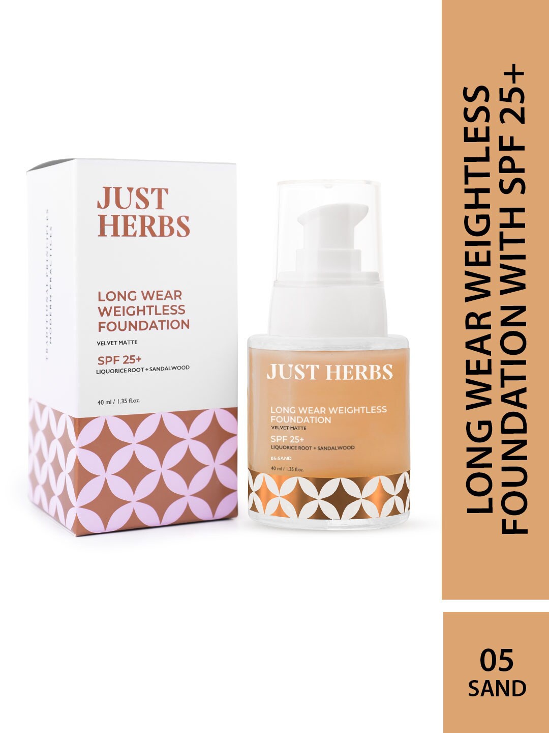 Just Herbs Longwear Weightless Velvet Matte Foundation with SPF 25+ - 40ml - Sand 05, Nude
Just Herbs Longwear Weightless Velvet Matte Foundation with SPF 25+ - 40ml - Sand 05, Nude