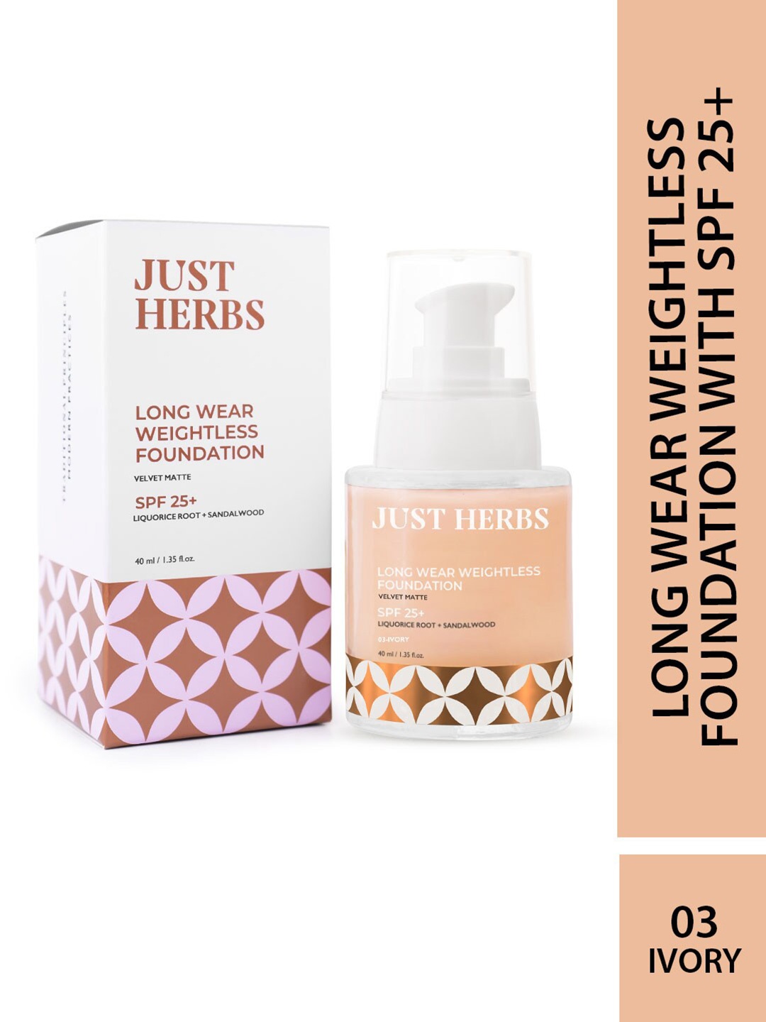 Just Herbs Longwear Weightless SPF 25+ Velvet Matte Foundation 40ml - Ivory 03, Beige
Just Herbs Longwear Weightless SPF 25+ Velvet Matte Foundation 40ml - Ivory 03, Beige