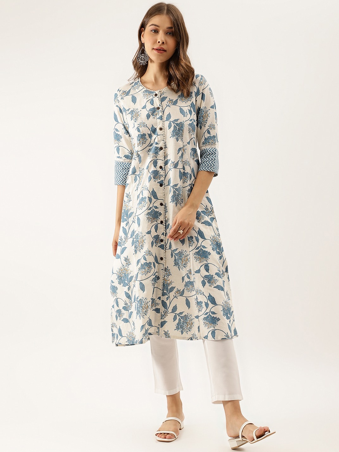 KALINI Floral Printed Cotton A-line Kurta, Blue