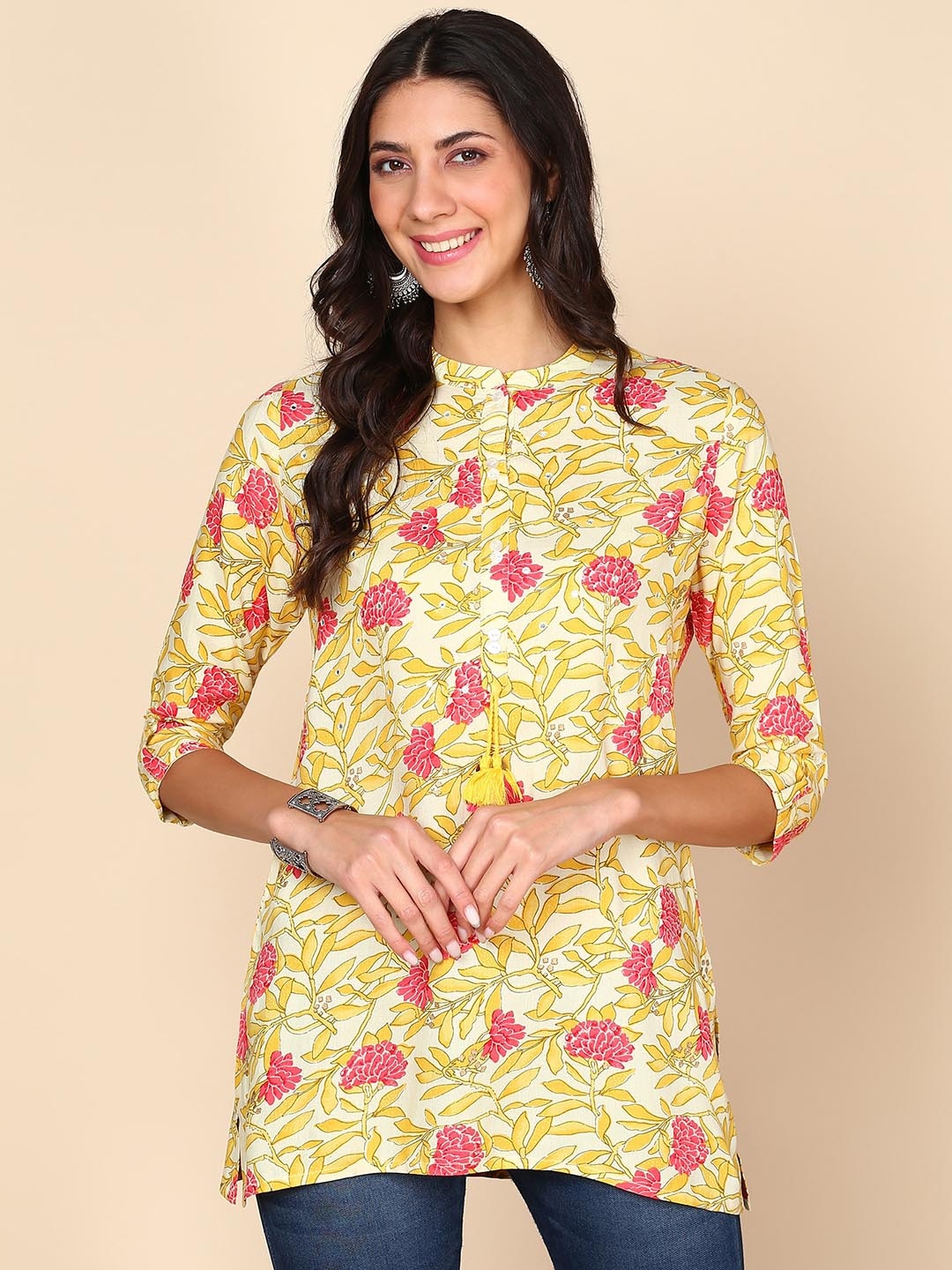HERE&NOW Floral Printed Mandarin Collar Liva Kurta, Yellow