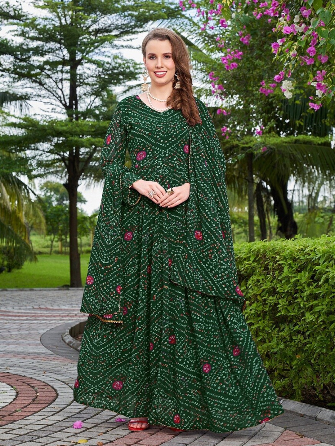 APNISHA Bandhani Printed V-Neck Maxi Ethnic Dress With Dupatta, Green