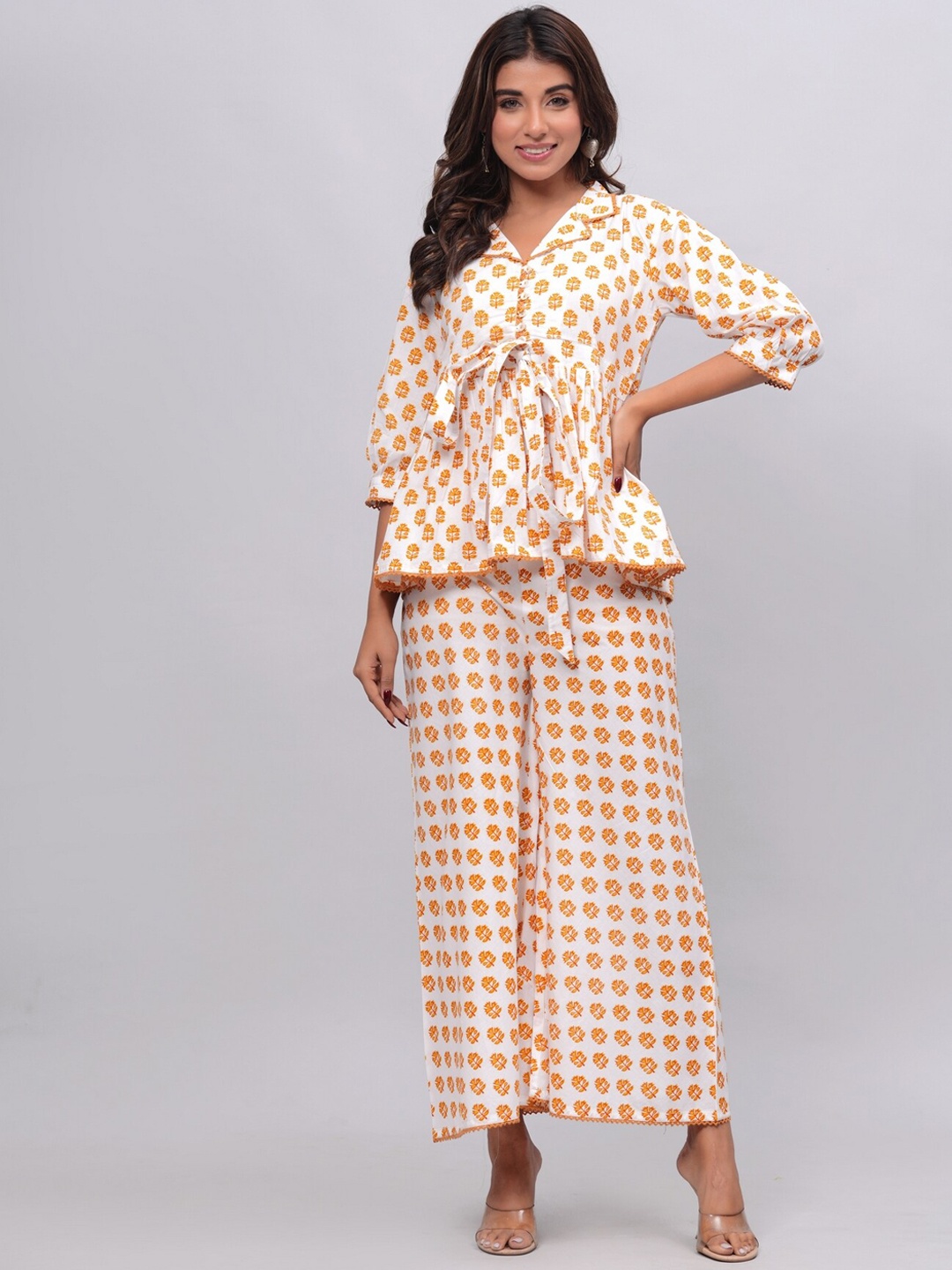 EtnicaWear Printed Pure Cotton Top With Trousers, Yellow