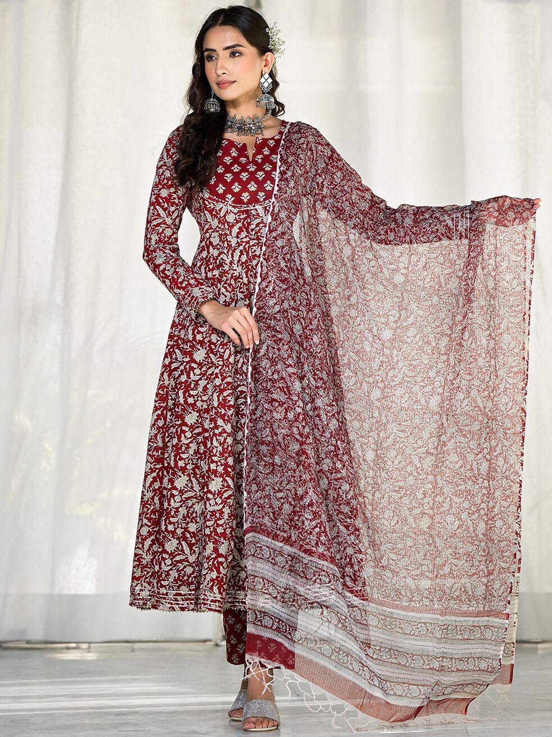 KALINI Floral Embroidered Gotta Patti Pure Cotton Anarkali Kurta With Trousers & Dupatta, Maroon
KALINI Floral Embroidered Gotta Patti Pure Cotton Anarkali Kurta With Trousers & Dupatta, Maroon