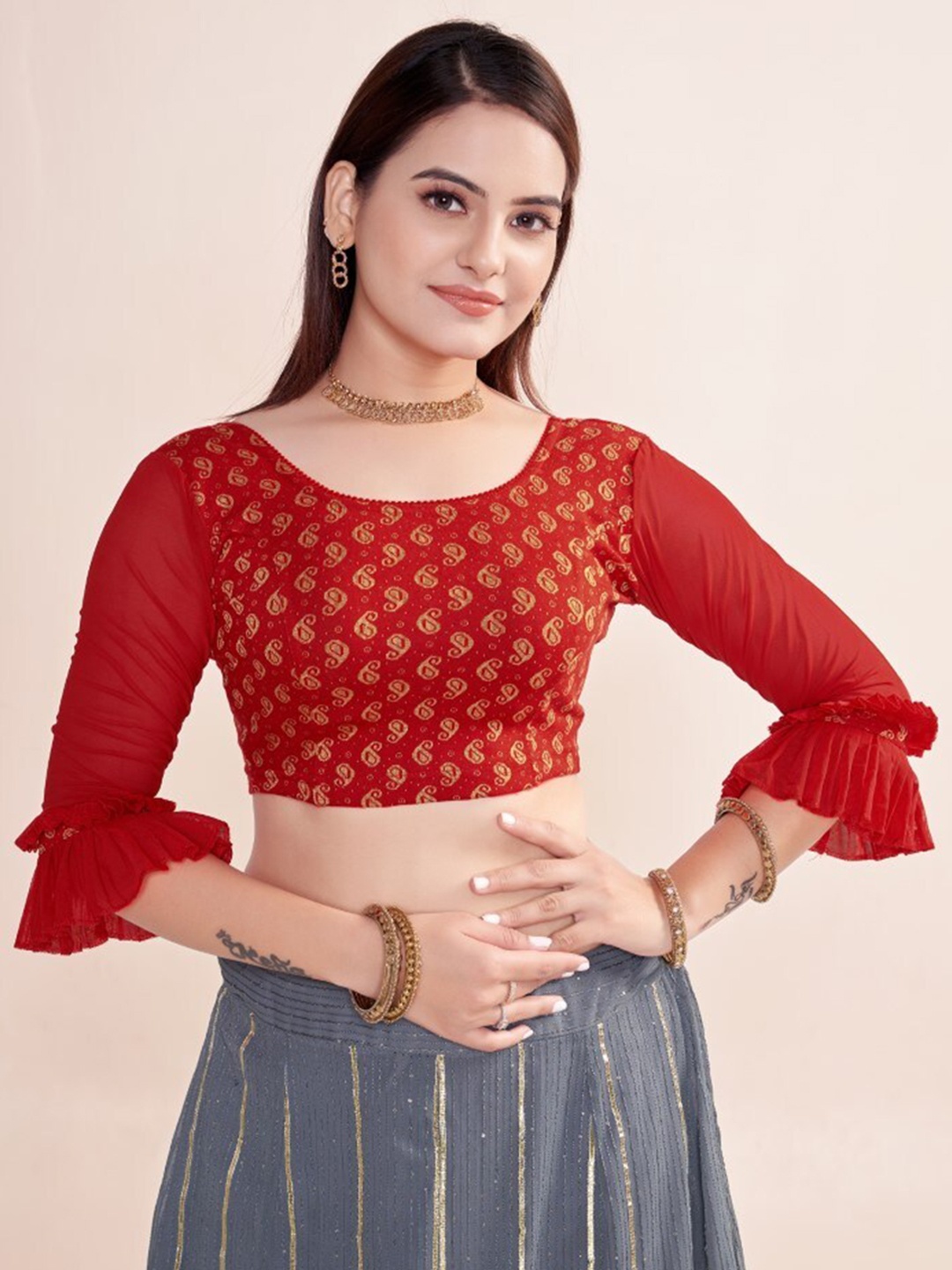 HIMRISE Foil Printed Round Neck Saree Blouse, Red