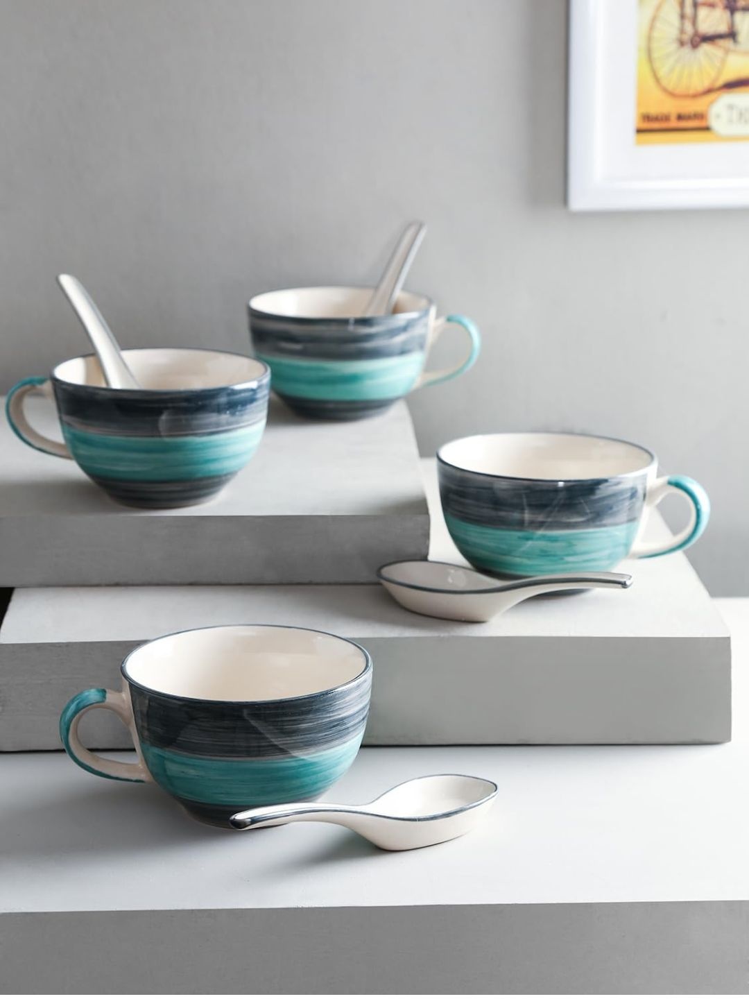 Kittens Sea Green & Grey 4 Pieces Hand Painted Ceramic Handled Soup Bowls & Spoons 300ml, Blue
Kittens Sea Green & Grey 4 Pieces Hand Painted Ceramic Handled Soup Bowls & Spoons 300ml, Blue