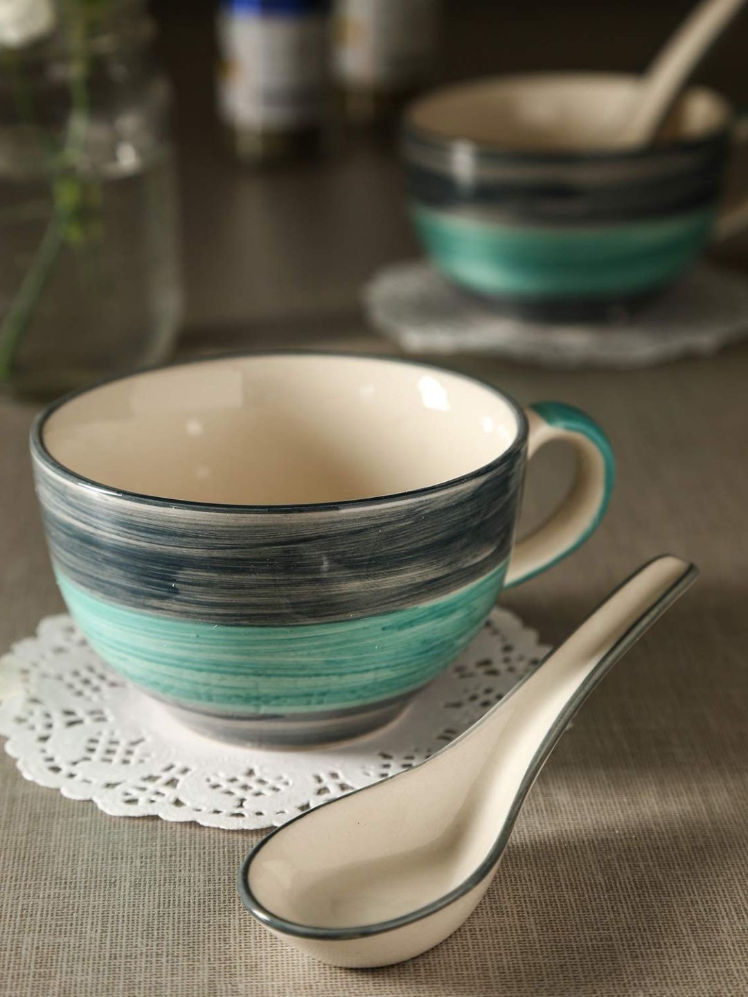 Kittens Blue & Beige 2 Pcs Handcrafted Ceramic Glossy Soup Bowl With Spoon - 300 ml each
Kittens Blue & Beige 2 Pcs Handcrafted Ceramic Glossy Soup Bowl With Spoon - 300 ml each