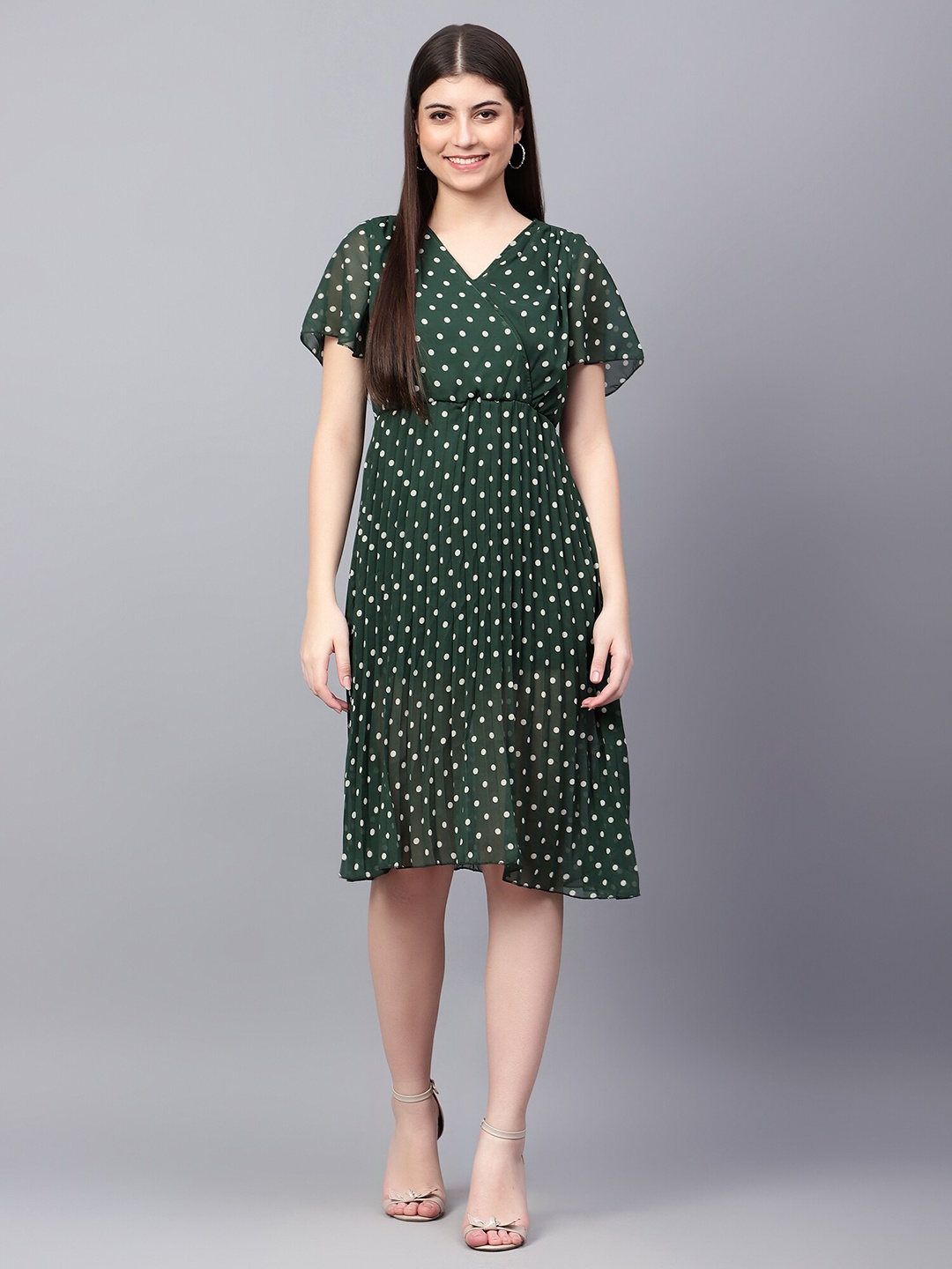 Tulip Eden Polka Dot Printed Flared Sleeves Gathered or Pleated Georgette Wrap Dress, Green
Tulip Eden Polka Dot Printed Flared Sleeves Gathered or Pleated Georgette Wrap Dress, Green
