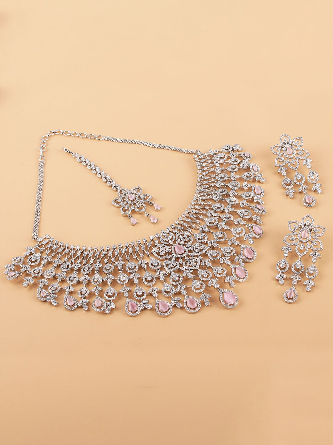 Mirana Rhodium-Plated American Diamond Studded Necklace With Earrings & Maang Tika, Silver
Mirana Rhodium-Plated American Diamond Studded Necklace With Earrings & Maang Tika, Silver