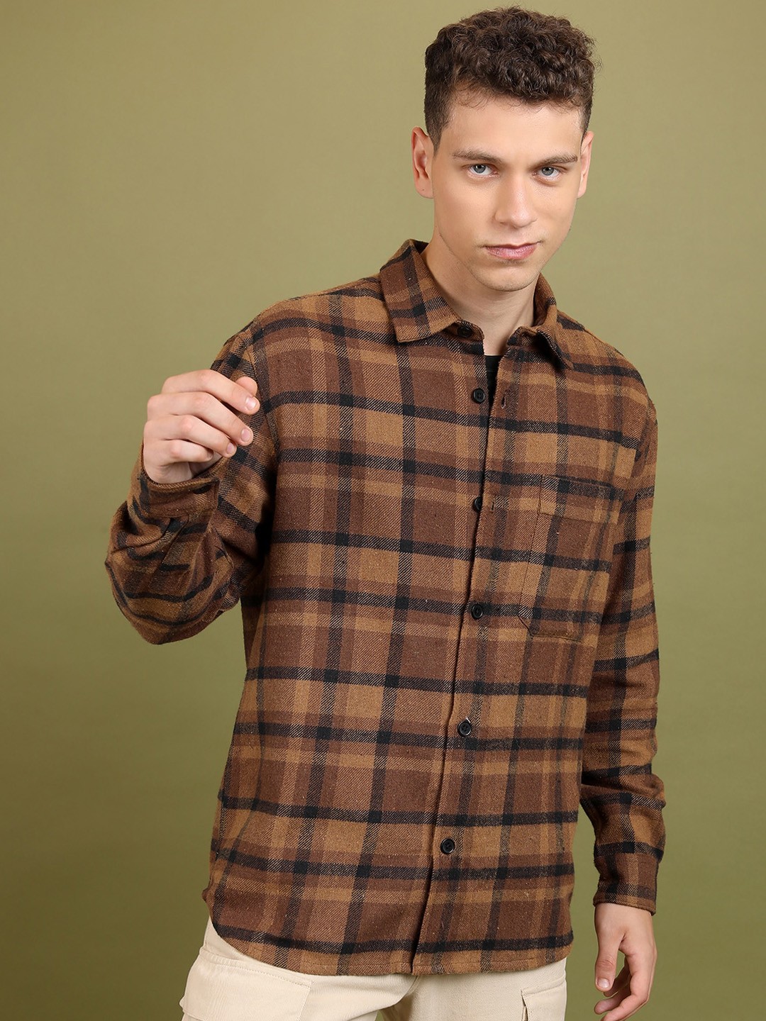 HIGHLANDER Spread Collar Long Sleeve Pocket Regular Fit Flannel Checked Shirt, Brown