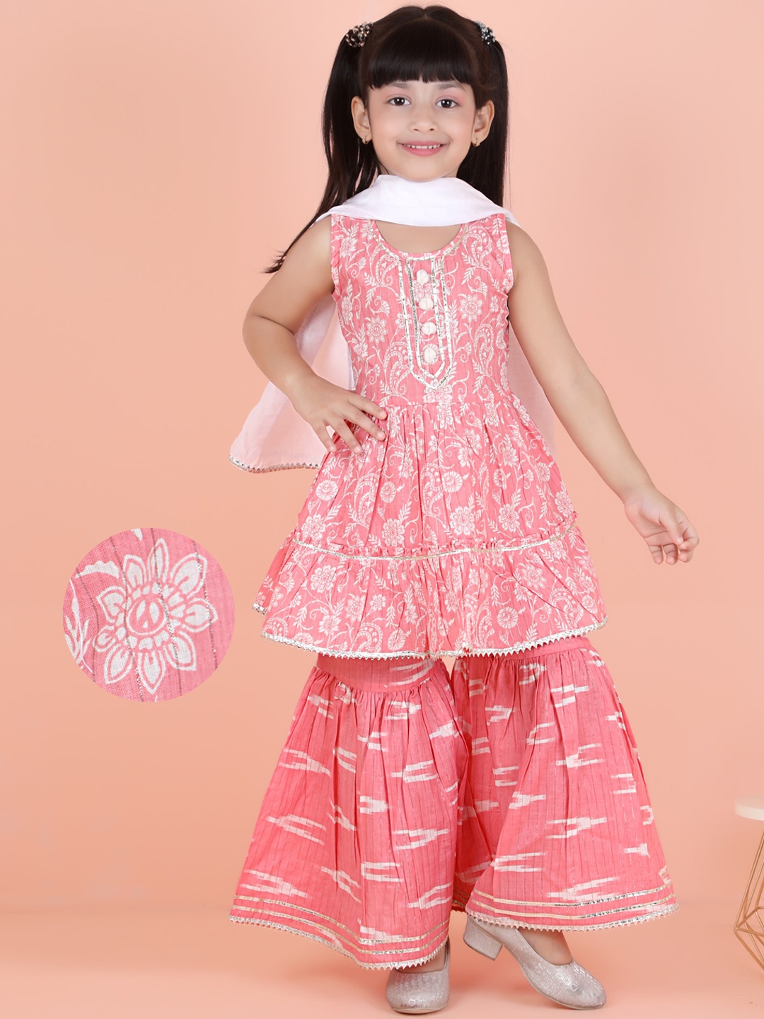 KIDS FARM Girls Floral Printed Empire Gotta Patti Pure Cotton Kurti & Sharara With Dupatta, Pink
KIDS FARM Girls Floral Printed Empire Gotta Patti Pure Cotton Kurti & Sharara With Dupatta, Pink