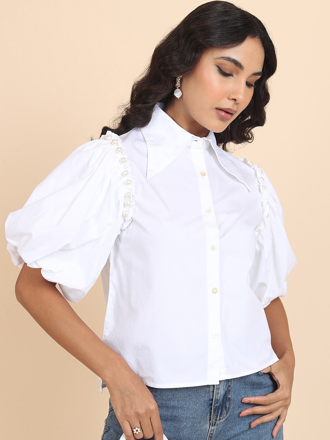Tokyo Talkies Shirt Collar Puff Sleeves Gathered & Beads Pure Cotton Crop Shirt Style Top, White
Tokyo Talkies Shirt Collar Puff Sleeves Gathered & Beads Pure Cotton Crop Shirt Style Top, White