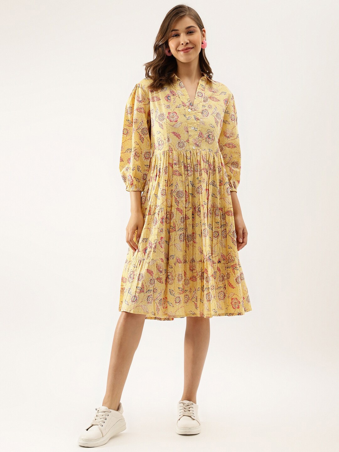 KALINI Floral Printed Shirt Collar Puff Sleeves Gathered Cotton A-Line Dress, Yellow
KALINI Floral Printed Shirt Collar Puff Sleeves Gathered Cotton A-Line Dress, Yellow