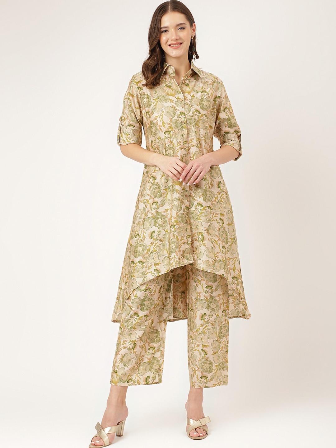 KALINI Floral Printed Shirt Collar Roll-Up Sleeves A-Line Kurta With Trousers, White
KALINI Floral Printed Shirt Collar Roll-Up Sleeves A-Line Kurta With Trousers, White