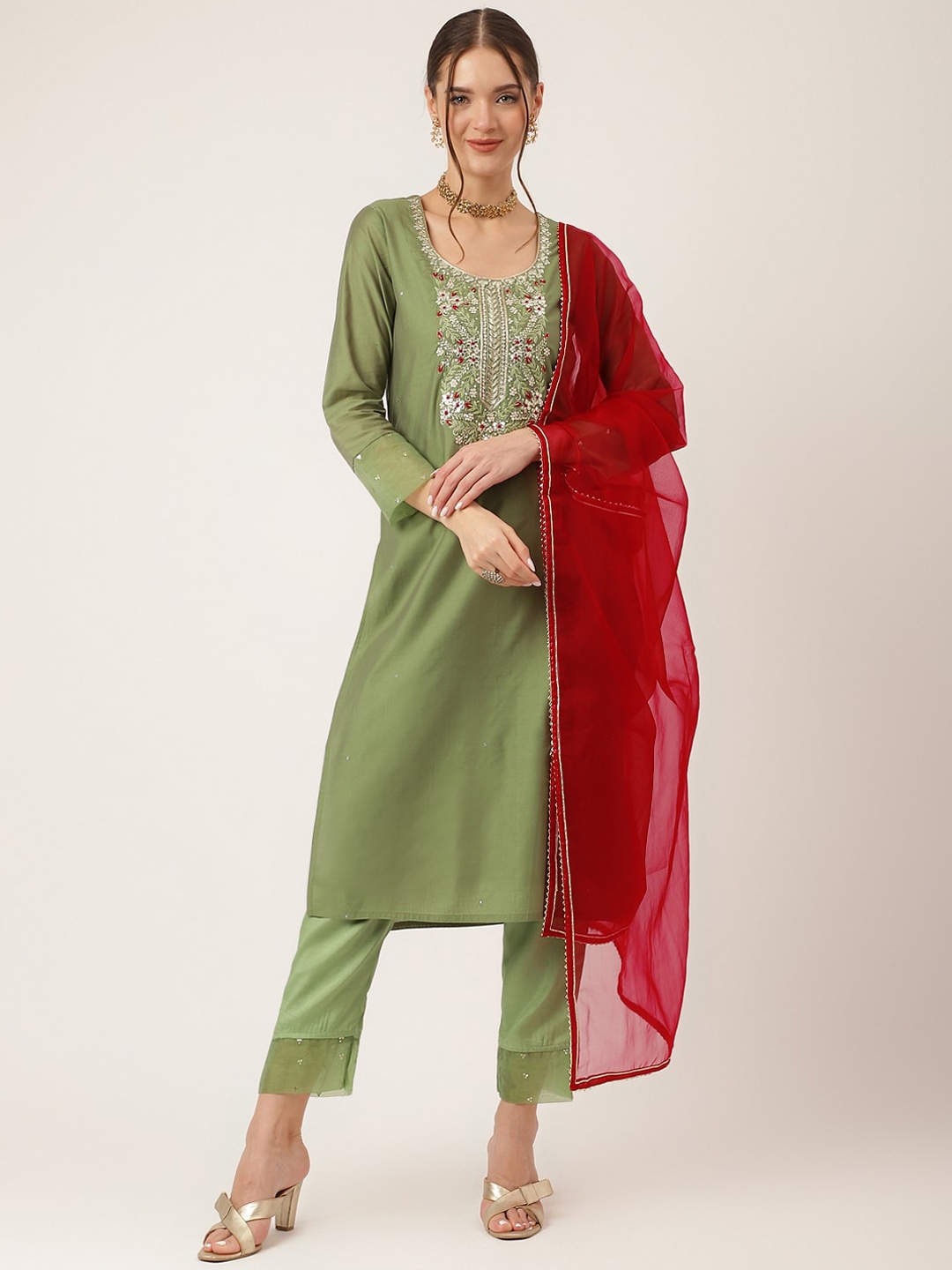 KALINI Floral Yoke Design Beads and Stones Chanderi Silk Kurta With Trousers & Dupatta, Green
KALINI Floral Yoke Design Beads and Stones Chanderi Silk Kurta With Trousers & Dupatta, Green
