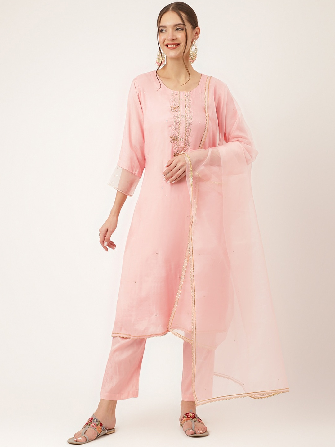 KALINI Floral Embroidered Regular Beads and Stones Kurta With Trousers & Dupatta, Pink
KALINI Floral Embroidered Regular Beads and Stones Kurta With Trousers & Dupatta, Pink
