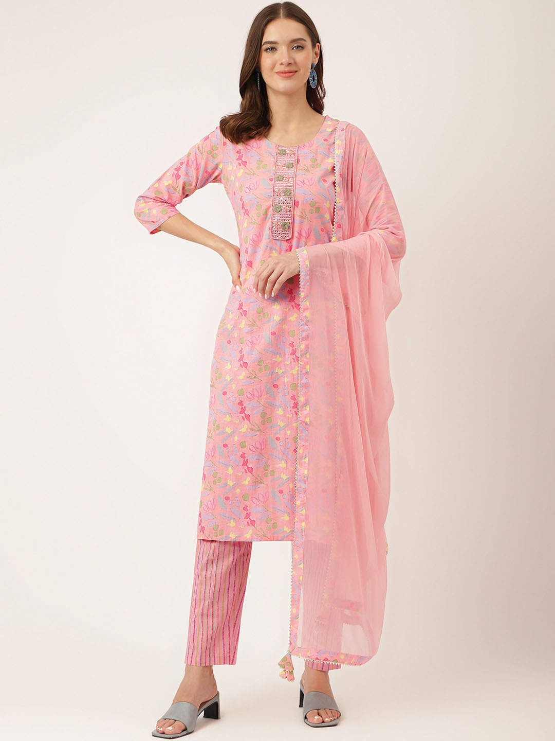 KALINI Floral Printed Mirror Work Pure Cotton Kurta With Trousers & Dupatta, Pink
KALINI Floral Printed Mirror Work Pure Cotton Kurta With Trousers & Dupatta, Pink