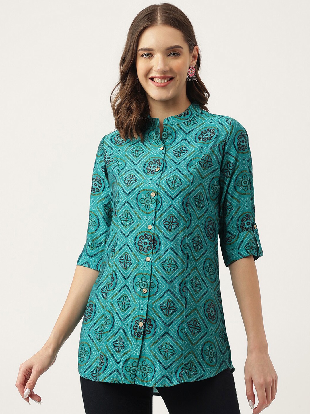 KALINI Geometric Printed Mandarin Collar Roll-Up Sleeves Shirt Style Top, Turquoise blue
KALINI Geometric Printed Mandarin Collar Roll-Up Sleeves Shirt Style Top, Turquoise blue