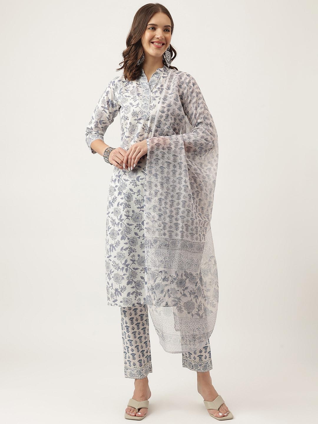 KALINI Floral Printed Cotton Gotta Patti Straight Kurta & Trousers With Dupatta, White
KALINI Floral Printed Cotton Gotta Patti Straight Kurta & Trousers With Dupatta, White