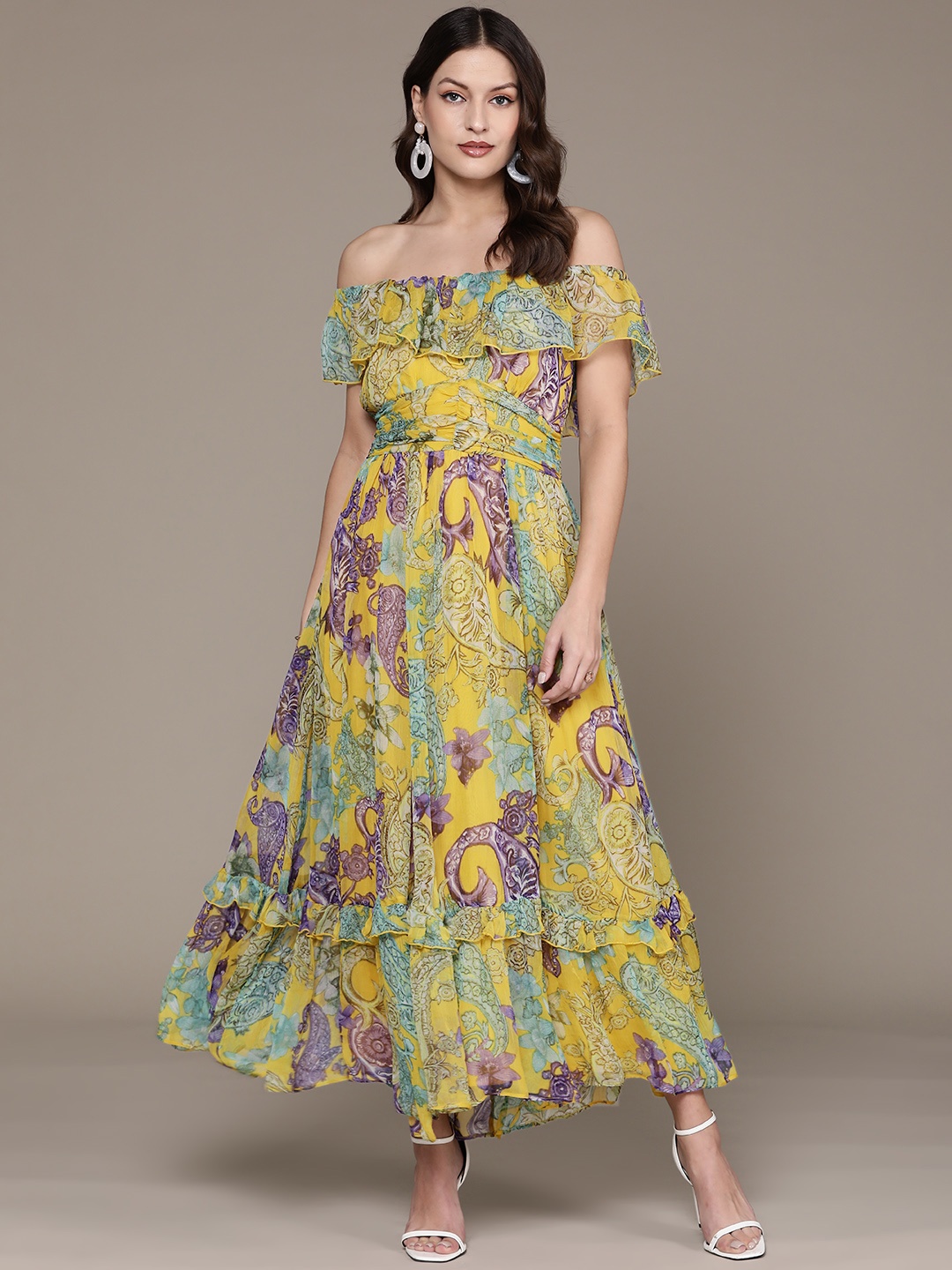 Label Ritu Kumar Floral Print Off-Shoulder Cape Sleeve Chiffon A-Line Midi Dress, Yellow
Label Ritu Kumar Floral Print Off-Shoulder Cape Sleeve Chiffon A-Line Midi Dress, Yellow