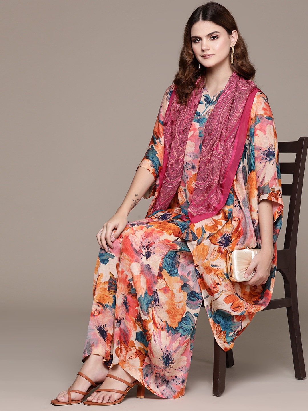 Ritu Kumar Women Floral Printed A-Line Kurta with Palazzos & With Scarf, Orange