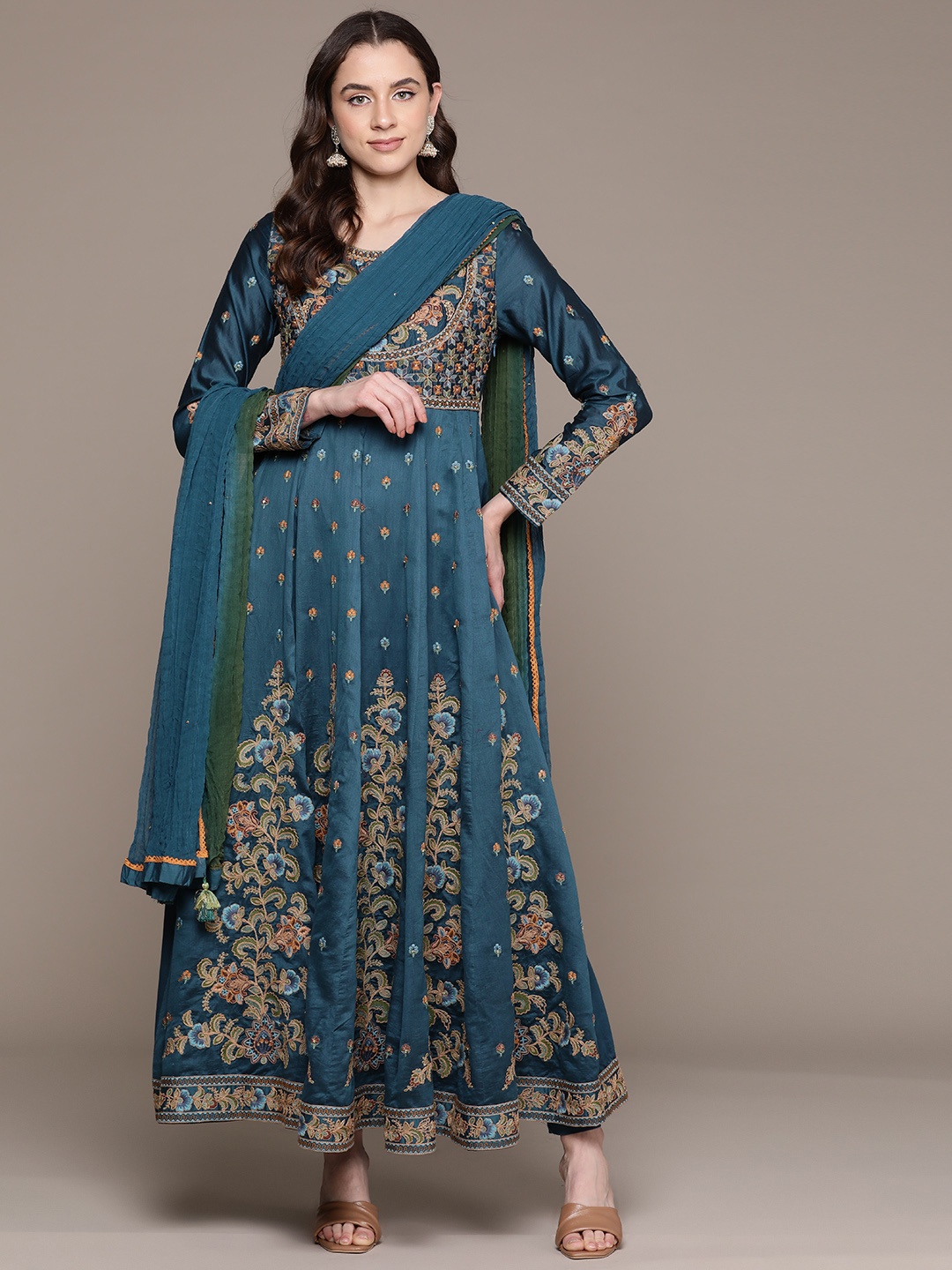 Ritu Kumar Women Floral Embroidered Anarkali Beaded Kurta with Leggings & With Dupatta, Blue
Ritu Kumar Women Floral Embroidered Anarkali Beaded Kurta with Leggings & With Dupatta, Blue
