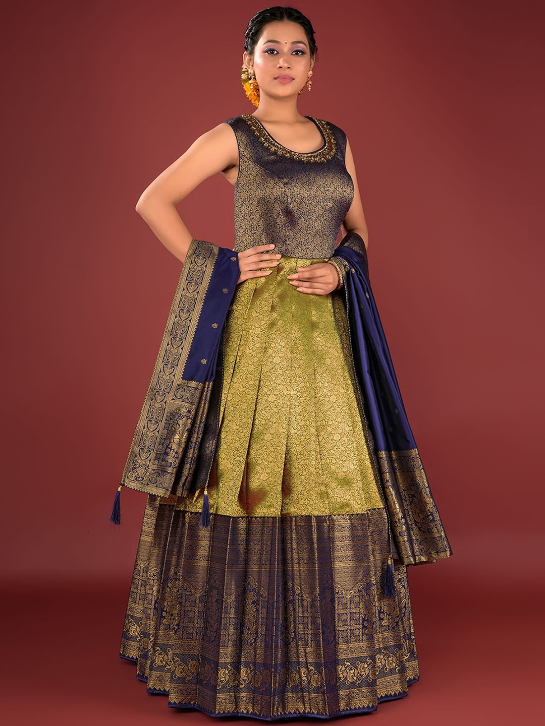 ODETTE Ethnic Woven Design Banarasi Silk Fit & Flare Maxi Ethnic Dress with Dupatta, Olive
ODETTE Ethnic Woven Design Banarasi Silk Fit & Flare Maxi Ethnic Dress with Dupatta, Olive