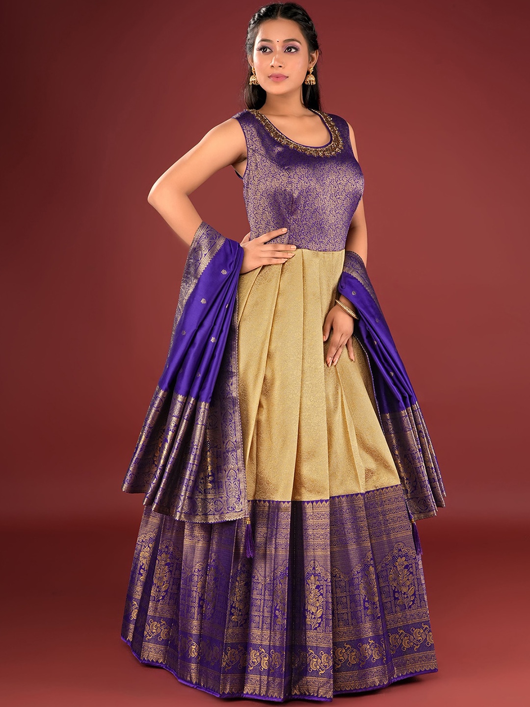ODETTE Woven Design Embroidered Banarasi Silk Fit & Flare Maxi Ethnic Dress with Dupatta, Beige
ODETTE Woven Design Embroidered Banarasi Silk Fit & Flare Maxi Ethnic Dress with Dupatta, Beige
