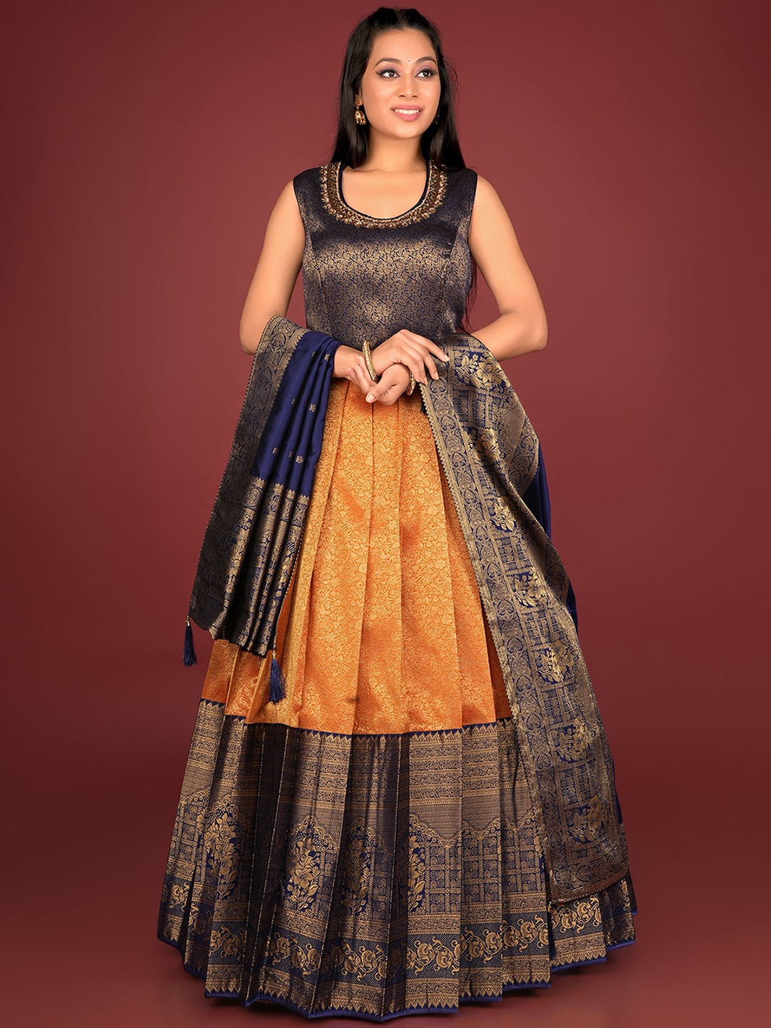 ODETTE Ethnic Motifs Woven Design Embellished Banarasi Silk Ethnic Dress With Dupatta, Gold
ODETTE Ethnic Motifs Woven Design Embellished Banarasi Silk Ethnic Dress With Dupatta, Gold