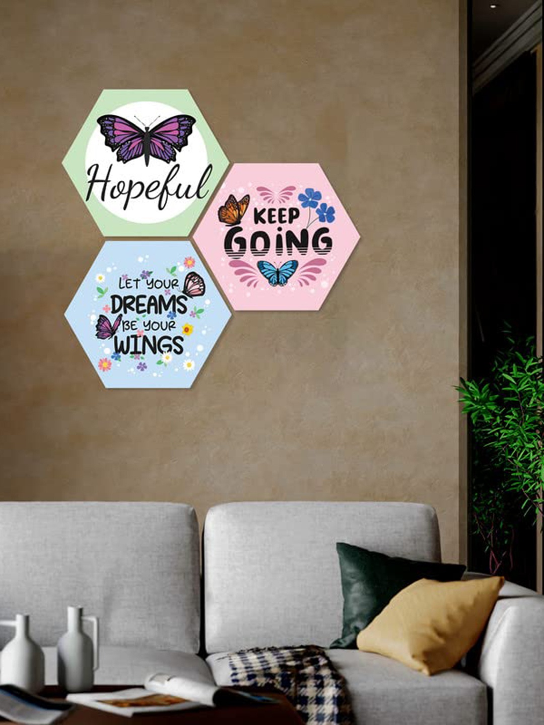 Kastner 3 Pcs Pink & Green Hexagon Quotes Painting Wall Art