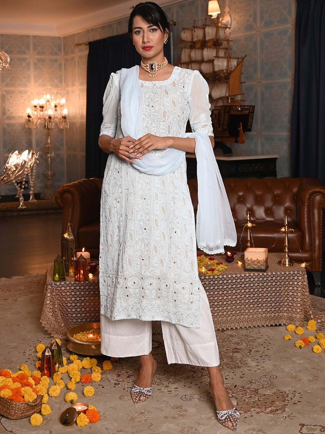 ODETTE Ethnic Motifs Embroidered Chikankari Georgette Semi Stitched Kurta With Palazzos & Dupatta, Blue
ODETTE Ethnic Motifs Embroidered Chikankari Georgette Semi Stitched Kurta With Palazzos & Dupatta, Blue