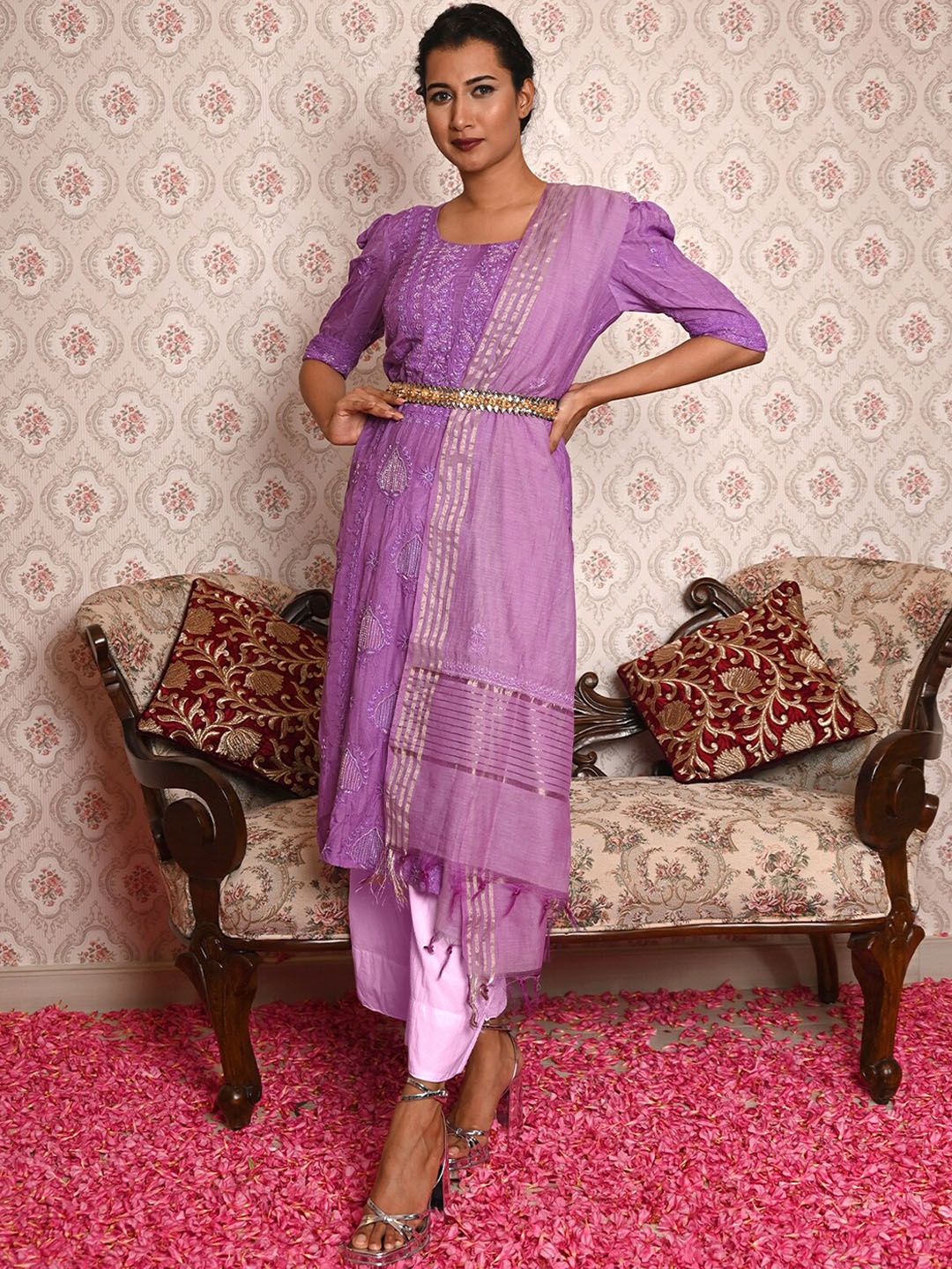 ODETTE Ethnic Motifs Embroidered Regular Chikankari Semi Stitched Kurta With Palazzos, Purple
ODETTE Ethnic Motifs Embroidered Regular Chikankari Semi Stitched Kurta With Palazzos, Purple