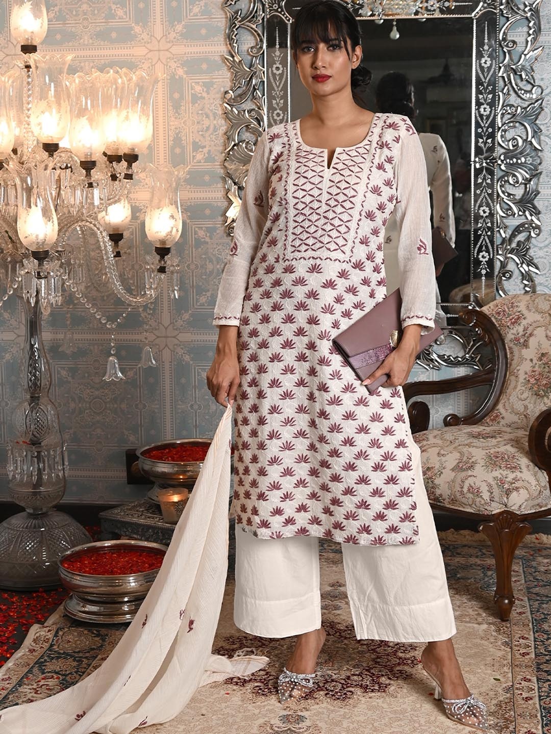 ODETTE Floral Embroidered Chikankari Straight Semi Stitched Kurta Palazzos With Dupatta, Off white
ODETTE Floral Embroidered Chikankari Straight Semi Stitched Kurta Palazzos With Dupatta, Off white