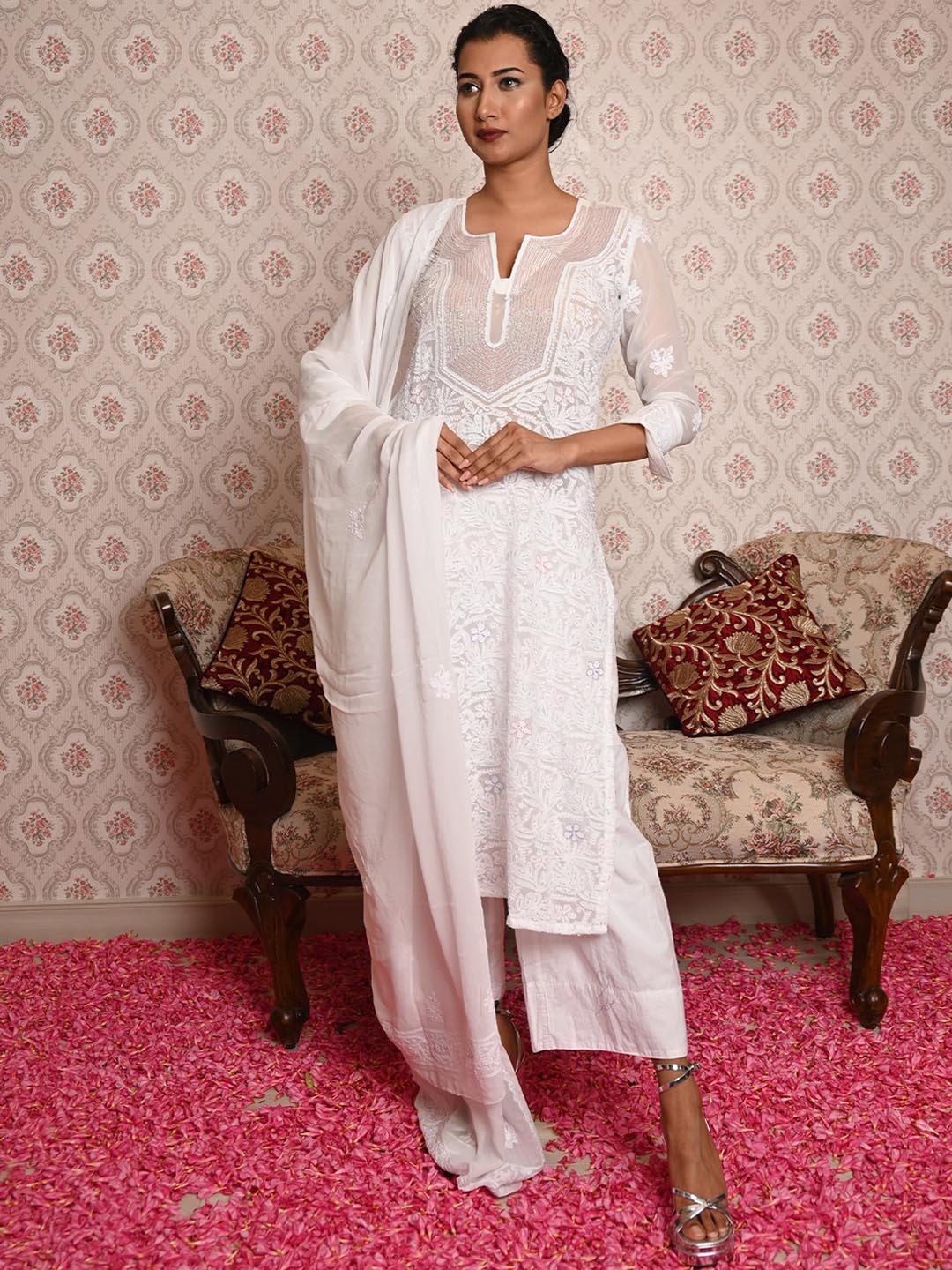 ODETTE Floral Embroidered Chikankari Beads and Stones Semi Stitched Kurta With Trousers & Dupatta, White
ODETTE Floral Embroidered Chikankari Beads and Stones Semi Stitched Kurta With Trousers & Dupatta, White