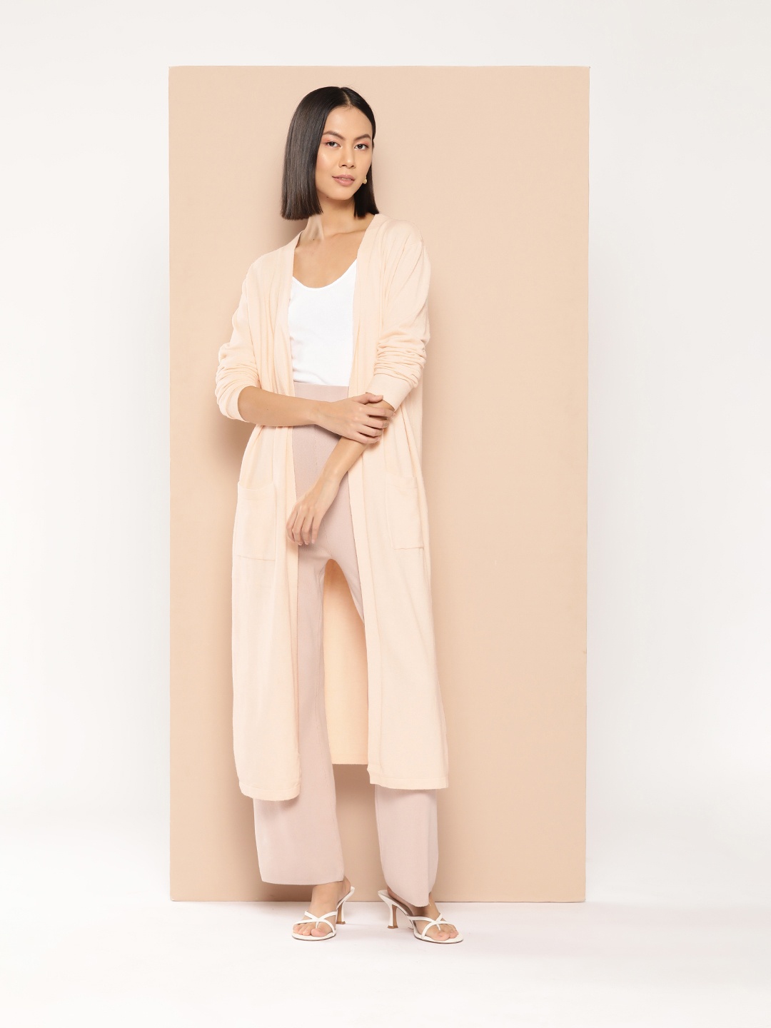 INVICTUS Women Solid Longline Shrug, Beige