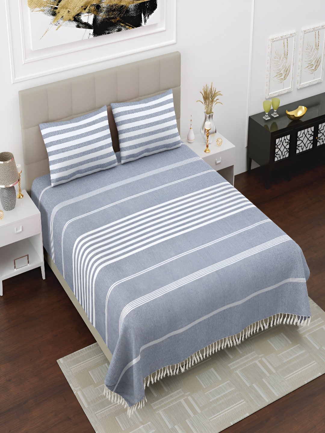Homez Sparrow All Seasons Grey Striped Cotton 160 TC King Bedsheet with 2 Pillow Covers
Homez Sparrow All Seasons Grey Striped Cotton 160 TC King Bedsheet with 2 Pillow Covers