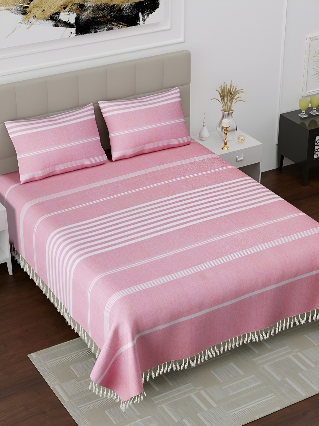 Homez Sparrow All Seasons Pink Striped Cotton 160 TC King Bedsheet with 2 Pillow Covers
Homez Sparrow All Seasons Pink Striped Cotton 160 TC King Bedsheet with 2 Pillow Covers