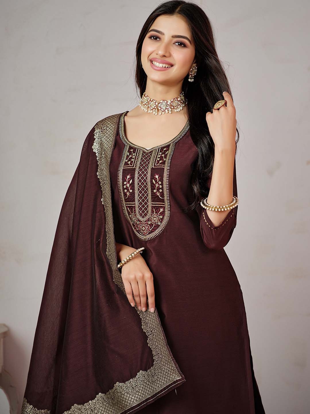 Sangria Yoke Design Thread Work Straight Kurta & Trousers With Dupatta, Coffee brown
Sangria Yoke Design Thread Work Straight Kurta & Trousers With Dupatta, Coffee brown