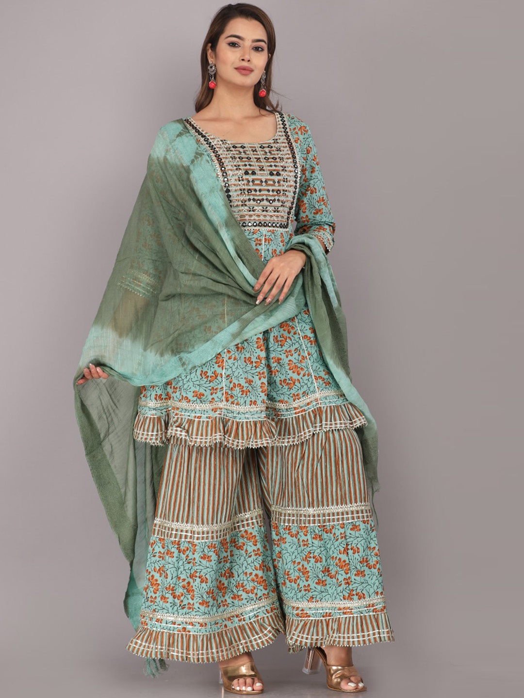 KALINI Floral Printed Pure Cotton Mirror Work A-Line Kurta & Sharara With Dupatta, Green