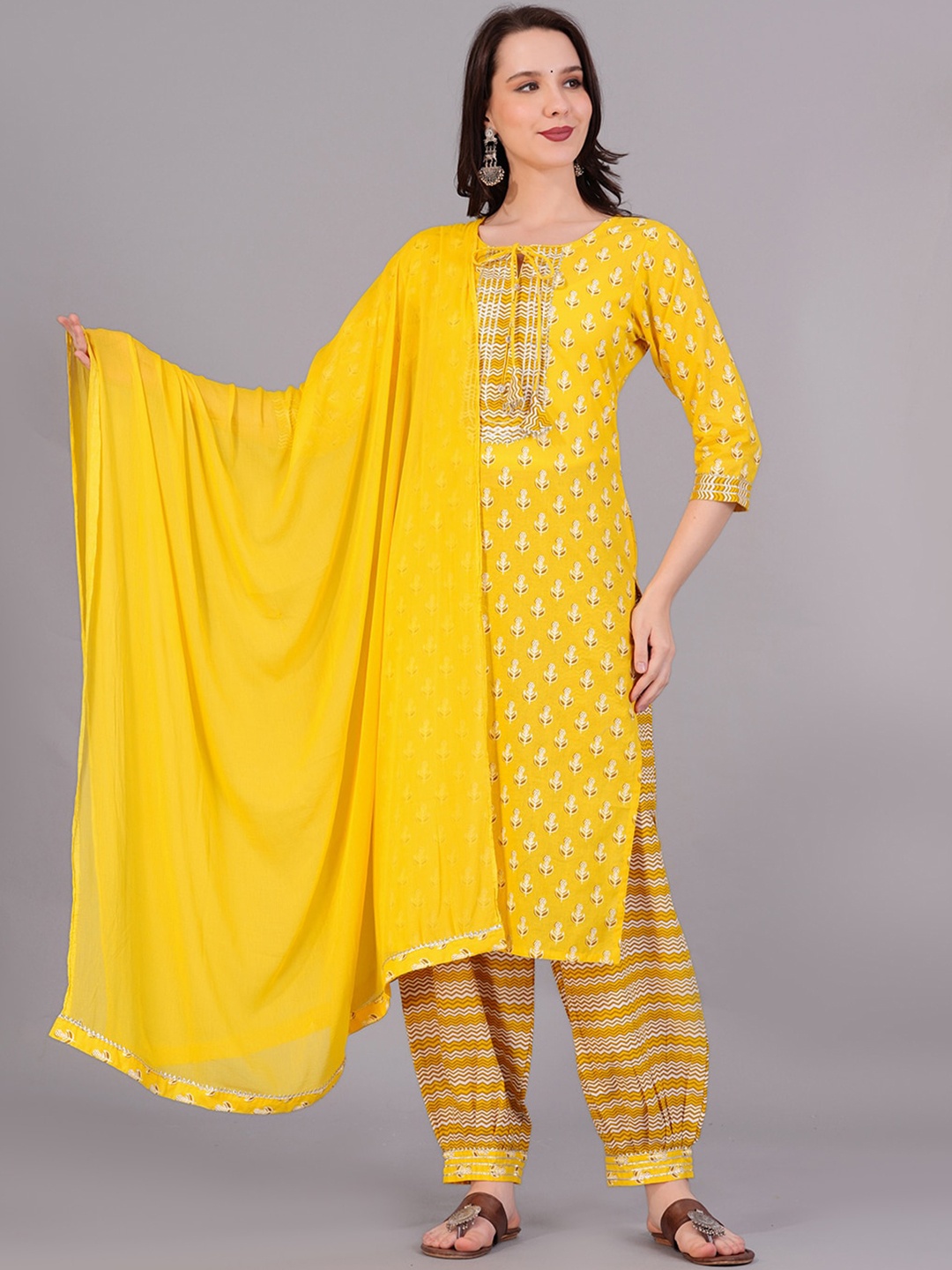 KALINI Ethnic Motifs Printed Gotta Patti Pure Cotton Kurta With Trousers & Dupatta, Yellow
KALINI Ethnic Motifs Printed Gotta Patti Pure Cotton Kurta With Trousers & Dupatta, Yellow