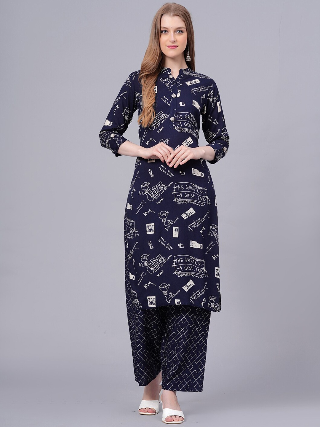 KALINI Ethnic Motifs Printed Mandarin Collar Straight Kurta with Trousers, Navy blue